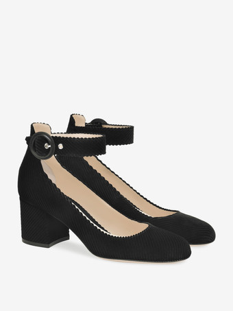 レディース ローヒール パンプス ベルベット スクエアトゥ アンクルストラップ パンプス