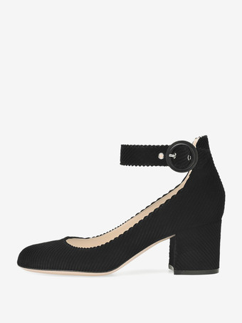 ブラック レディース ローヒール パンプス ベルベット スクエアトゥ アンクルストラップ パンプス