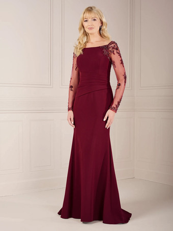 エンバーレッドマザードレス イリュージョンスリーブ ボートネック エレガント フロアレングスドレス