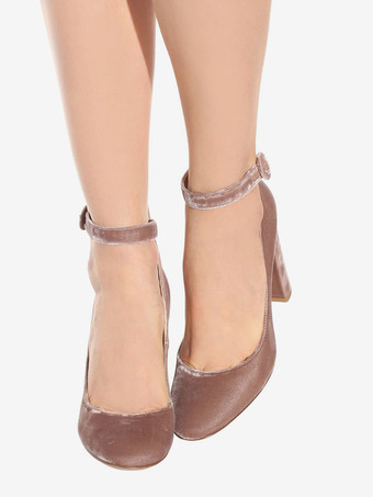 レディース ベルベット アンクル ストラップ パンプス ハイヒール ラウンドトゥ チャンキーヒール パンプス