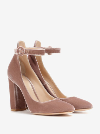 レディース ベルベット アンクル ストラップ パンプス ハイヒール ラウンドトゥ チャンキーヒール パンプス