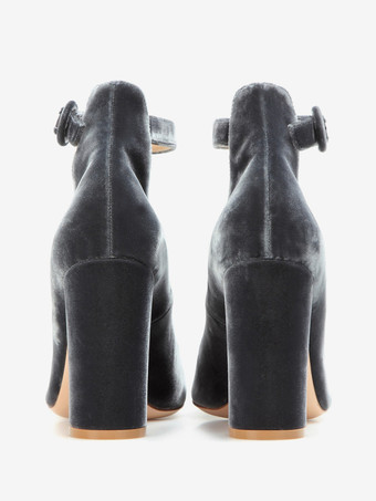 レディース ベルベット アンクル ストラップ パンプス ハイヒール ラウンドトゥ チャンキーヒール パンプス