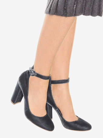 レディース ベルベット アンクル ストラップ パンプス ハイヒール ラウンドトゥ チャンキーヒール パンプス