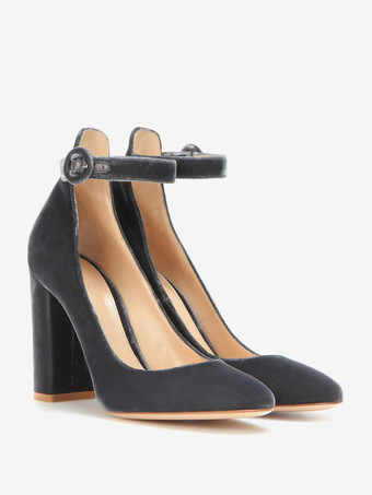 レディース ベルベット アンクル ストラップ パンプス ハイヒール ラウンドトゥ チャンキーヒール パンプス