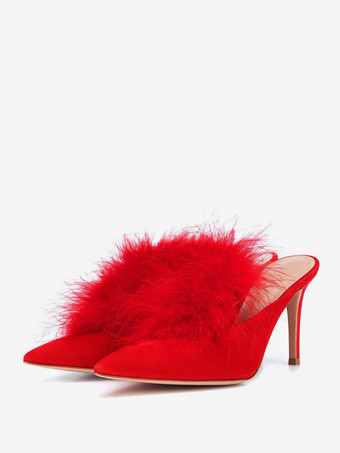 レッド レディース ハイヒール ミュール フェイクフェザー ポインテッドトゥ ハイヒール