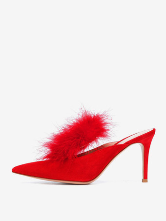 レディース ハイヒール ミュール フェイクフェザー ポインテッドトゥ ハイヒール