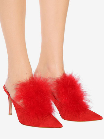 レディース ハイヒール ミュール フェイクフェザー ポインテッドトゥ ハイヒール