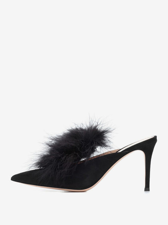 ブラック レディース ハイヒール ミュール フェイクフェザー ポインテッドトゥ ハイヒール