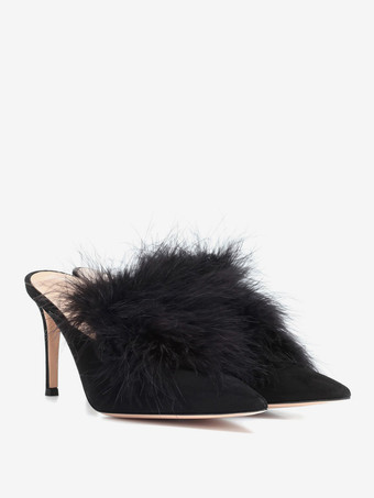 レディース ハイヒール ミュール フェイクフェザー ポインテッドトゥ ハイヒール