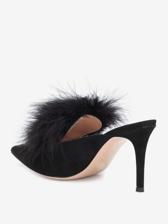 レディース ハイヒール ミュール フェイクフェザー ポインテッドトゥ ハイヒール