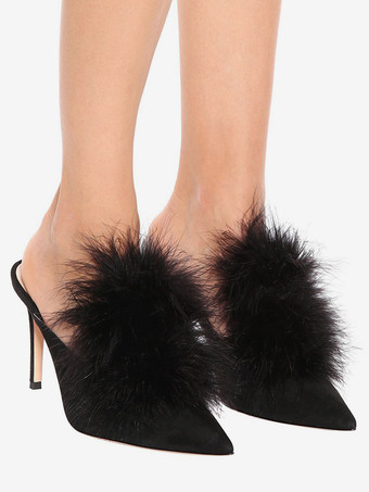 レディース ハイヒール ミュール フェイクフェザー ポインテッドトゥ ハイヒール