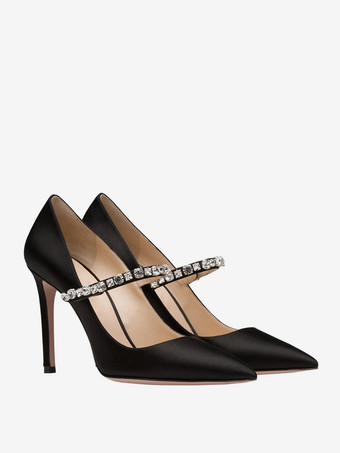 ハイヒール パーティーシューズ ブラック ポインテッドトゥ ラインストーン プロム ウェディングシューズ