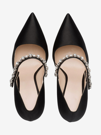 ハイヒール パーティーシューズ ブラック ポインテッドトゥ ラインストーン プロム ウェディングシューズ