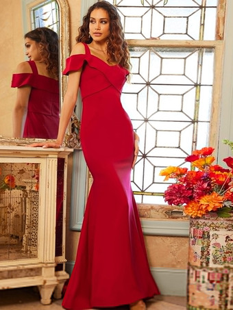 レッド イブニングドレス マーメイドデザイン ネックライン フロアレングス 半袖 ジッパー クロス サテン生地 フォーマル パーティードレス