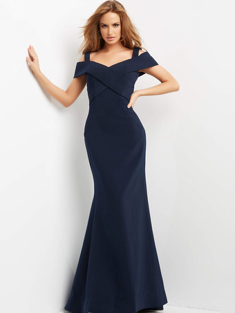 ダークネイビーイブニングドレス マーメイドデザイン ネックライン フロアレングス 半袖 ジッパー クロス サテン生地 フォーマル パーティードレス