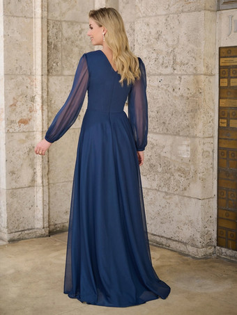 マザードレス Vネック 長袖 Aライン アップリケ フロアレングス ウェディングゲストドレス