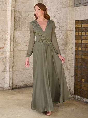オリーブグリーンマザードレス Vネック 長袖 Aライン アップリケ フロアレングス ウェディングゲストドレス