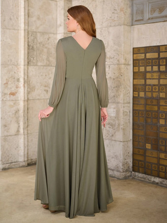 マザードレス Vネック 長袖 Aライン アップリケ フロアレングス ウェディングゲストドレス