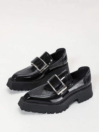 ブラック レディース ブラック ローファー メタルディテール プラットフォーム スリッポン ローファー シューズ