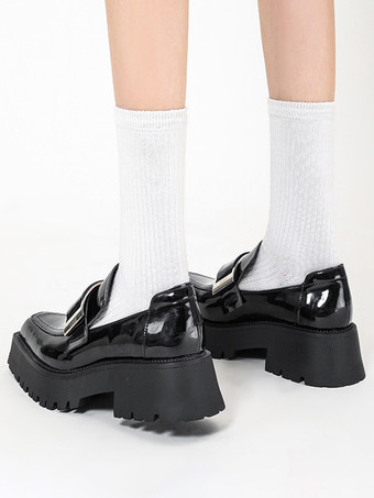 レディース ブラック ローファー メタルディテール プラットフォーム スリッポン ローファー シューズ