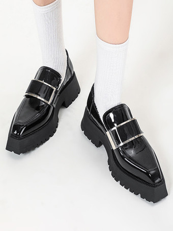 レディース ブラック ローファー メタルディテール プラットフォーム スリッポン ローファー シューズ