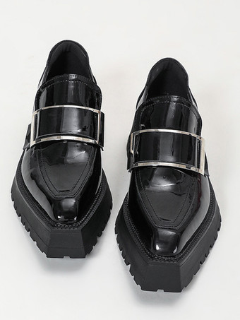 レディース ブラック ローファー メタルディテール プラットフォーム スリッポン ローファー シューズ