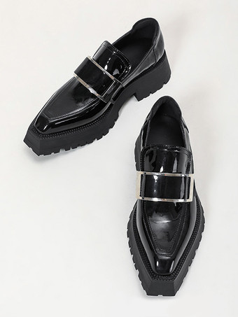 レディース ブラック ローファー メタルディテール プラットフォーム スリッポン ローファー シューズ