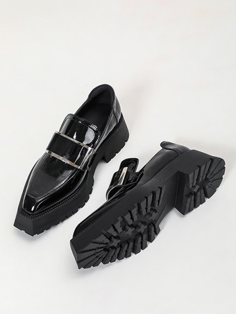 レディース ブラック ローファー メタルディテール プラットフォーム スリッポン ローファー シューズ