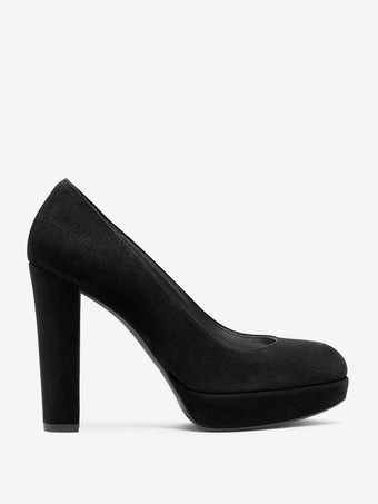 レディース スエードヒール プラットフォーム ラウンドトゥ チャンキーヒール パンプス