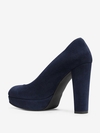 レディース スエードヒール プラットフォーム ラウンドトゥ チャンキーヒール パンプス