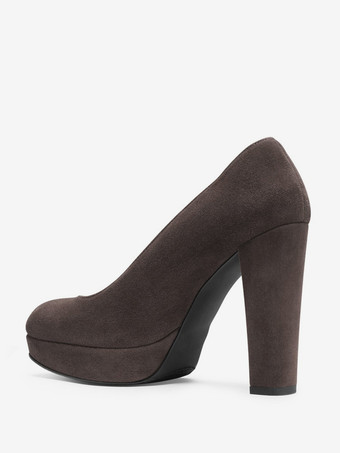 レディース スエードヒール プラットフォーム ラウンドトゥ チャンキーヒール パンプス