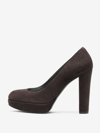 ブラウン レディース スエードヒール プラットフォーム ラウンドトゥ チャンキーヒール パンプス