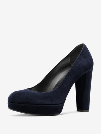 レディース スエードヒール プラットフォーム ラウンドトゥ チャンキーヒール パンプス