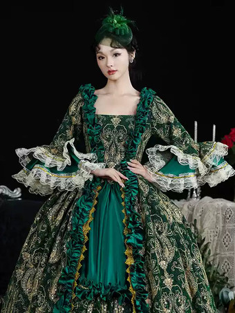 グリーン レトロ コスチューム レディース マリー アントワネット コスチューム レース フリル ポリエステル ドレス ヘッドウェア レトロ 18 世紀 コスチューム