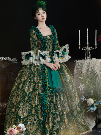 グリーン レトロ コスチューム レディース マリー アントワネット コスチューム レース フリル ポリエステル ドレス ヘッドウェア レトロ 18 世紀 コスチューム