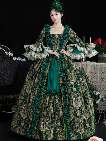 グリーン レトロ コスチューム レディース マリー アントワネット コスチューム レース フリル ポリエステル ドレス ヘッドウェア レトロ 18 世紀 コスチューム