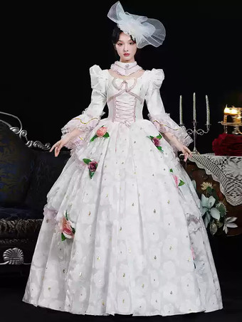 ホワイト レトロ コスチューム フリル ポリエステル 花柄 ヘッドウェア レディース レトロ マリー アントワネット コスチューム 仮面舞踏会 ドレス