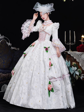 ホワイト レトロ コスチューム フリル ポリエステル 花柄 ヘッドウェア レディース レトロ マリー アントワネット コスチューム 仮面舞踏会 ドレス