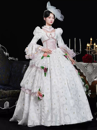 ホワイト レトロ コスチューム フリル ポリエステル 花柄 ヘッドウェア レディース レトロ マリー アントワネット コスチューム 仮面舞踏会 ドレス