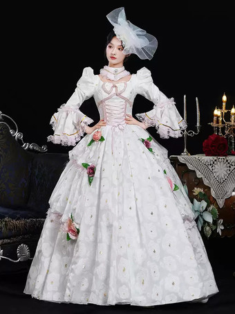 ホワイト レトロ コスチューム フリル ポリエステル 花柄 ヘッドウェア レディース レトロ マリー アントワネット コスチューム 仮面舞踏会 ドレス