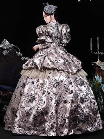 コーヒーブラウン レトロコスチューム フリル ポリエステル ジャカードドレス レディース レトロ マリー アントワネット コスチューム 仮面舞踏会 ボールガウン