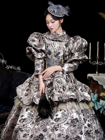 コーヒーブラウン レトロコスチューム フリル ポリエステル ジャカードドレス レディース レトロ マリー アントワネット コスチューム 仮面舞踏会 ボールガウン