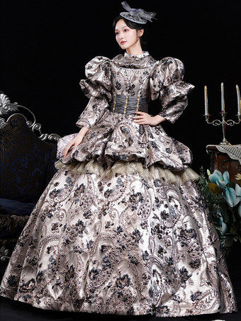 コーヒーブラウン レトロコスチューム フリル ポリエステル ジャカードドレス レディース レトロ マリー アントワネット コスチューム 仮面舞踏会 ボールガウン
