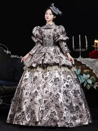 コーヒーブラウン レトロコスチューム フリル ポリエステル ジャカードドレス レディース レトロ マリー アントワネット コスチューム 仮面舞踏会 ボールガウン