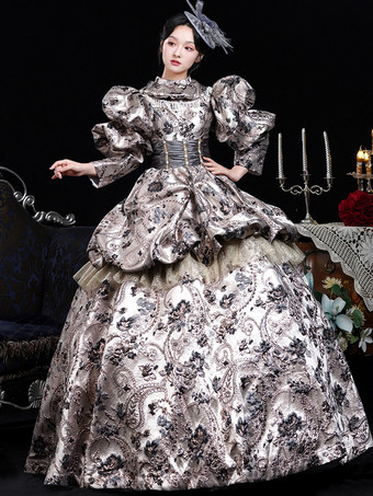 コーヒーブラウン レトロコスチューム フリル ポリエステル ジャカードドレス レディース レトロ マリー アントワネット コスチューム 仮面舞踏会 ボールガウン