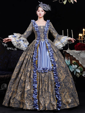 ブルー レトロ コスチューム フリル ポリエステル ジャカード マリー アントワネット コスチューム ドレス レディース レトロ 18 世紀 コスチューム