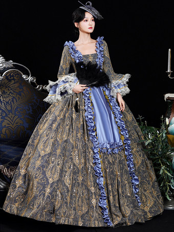 ブルー レトロ コスチューム フリル ポリエステル ジャカード マリー アントワネット コスチューム ドレス レディース レトロ 18 世紀 コスチューム