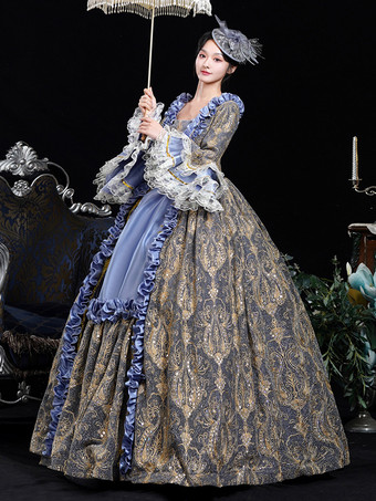 ブルー レトロ コスチューム フリル ポリエステル ジャカード マリー アントワネット コスチューム ドレス レディース レトロ 18 世紀 コスチューム