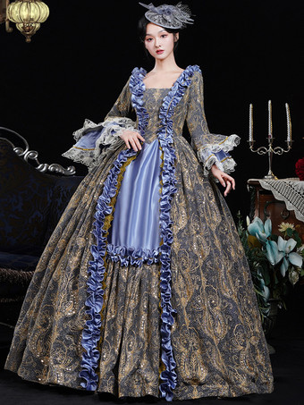 ブルー レトロ コスチューム フリル ポリエステル ジャカード マリー アントワネット コスチューム ドレス レディース レトロ 18 世紀 コスチューム