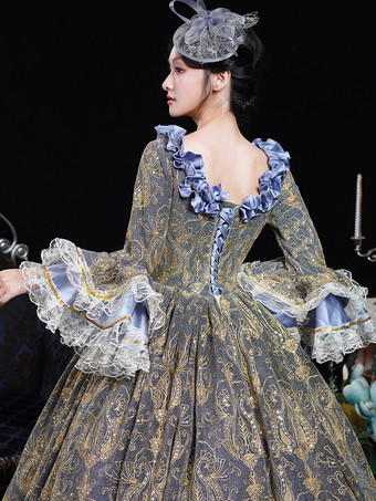 ブルー レトロ コスチューム フリル ポリエステル ジャカード マリー アントワネット コスチューム ドレス レディース レトロ 18 世紀 コスチューム